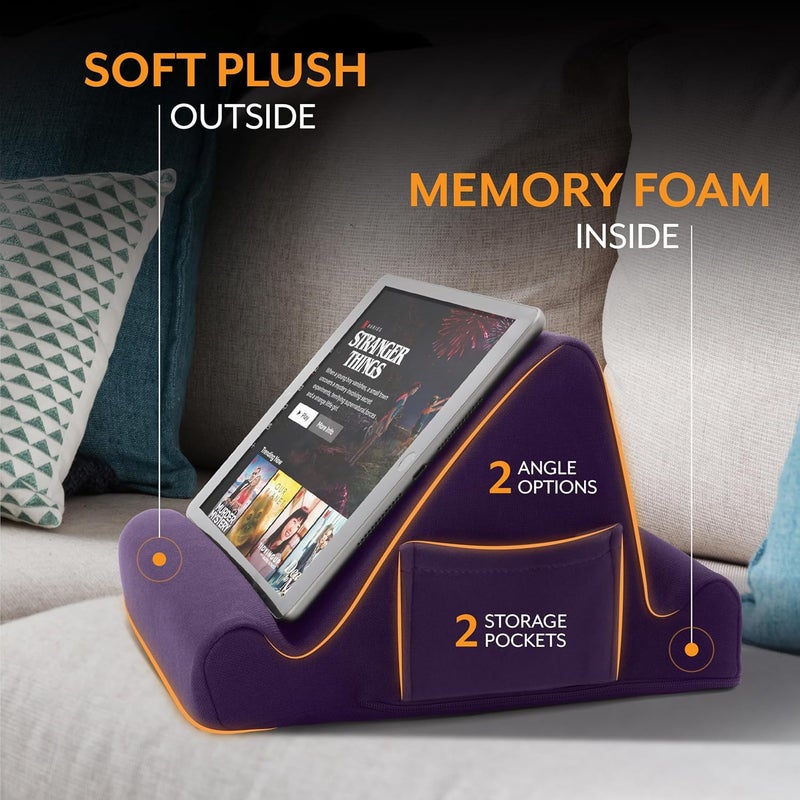 Brookstone , Memory Foam Lap Desk Tablet Holder, Holds Phones, iPads, E-Book Readers, 2 Viewing Angles, 2 Side Pockets for Accessories, Book Holder Cushion, Perfect Home, Car Travel Flights, Purple - Image 5